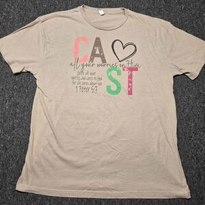 Love In Faith Women’s XL T‑Shirt Beige CAST 1 Peter 5:7 Christian Graphic Tee